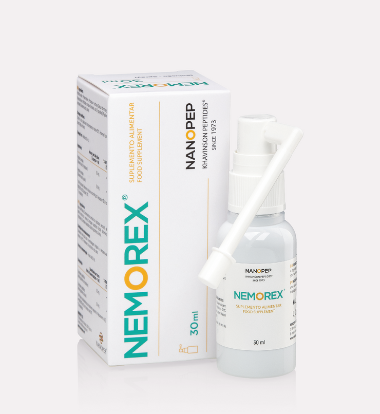 Nanopep Nemorex peptide supplement 30 ml bottle and box, Khavinson peptides food supplement